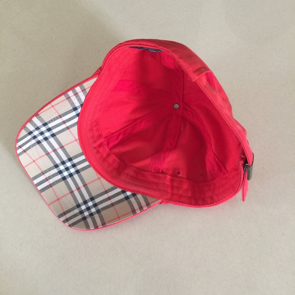 Burberry Golf Cotton Baseball Cap Hat Red with Nova Check Trim